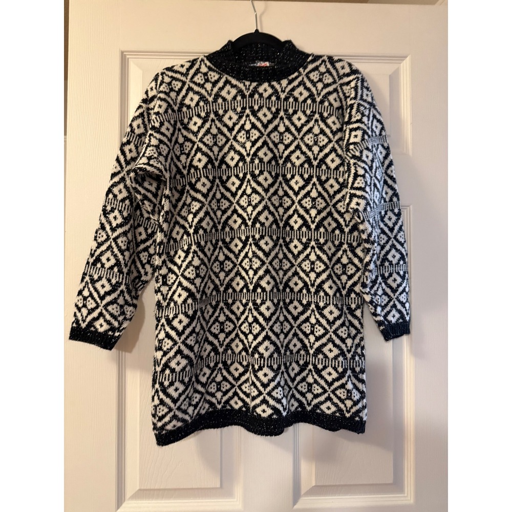 American Pride Vintage Geometric Knit Sweater Black White Metallic Shimmer USA